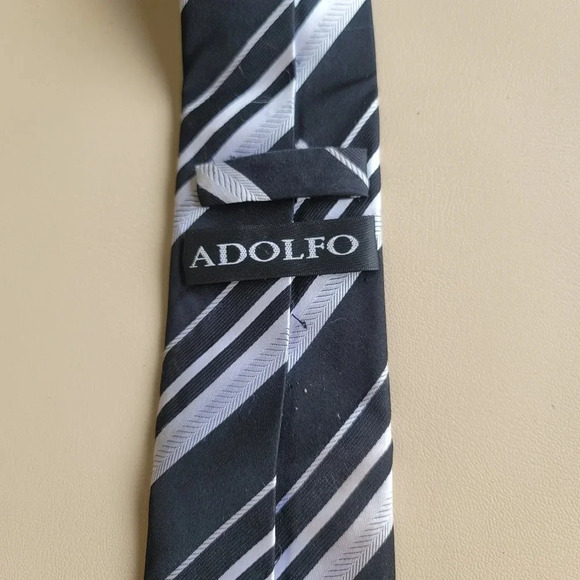 Adolfo Tie Mens Black White Striped 100% Silk Classic 3" - Picture 5 of 7